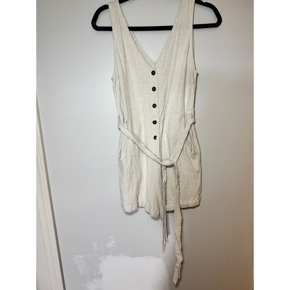 Pink Lily Linen Blend Button Front Sleeveless Romper Oatmeal Beige Medium